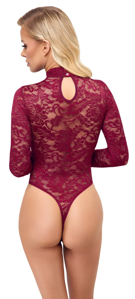 Bordeauxroter Langarm-Body aus Ornament-Spitze mit Stehkragen von Cottelli – Ansicht 4