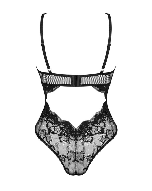 Schwarzer Body Olvidia aus extravaganter Spitze mit nudefarbenem Tüll von Obsessive – Ansicht 4