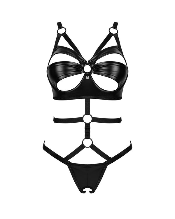 Schwarzer Body ouvert Armares in Harness-Optik mit Wetlook von Obsessive – Ansicht 3