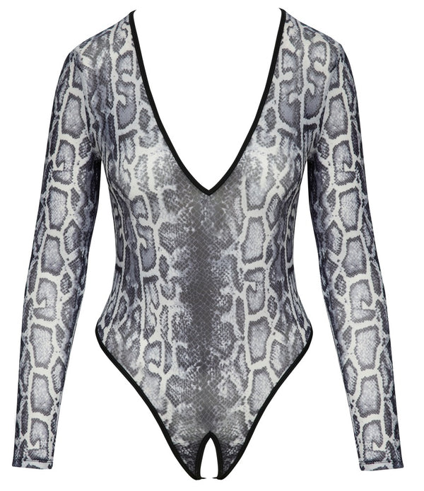 Grauer Langarm-Body ouvert in Snakeskin-Optik aus transparentem Powernet von Cottelli – Ansicht 4