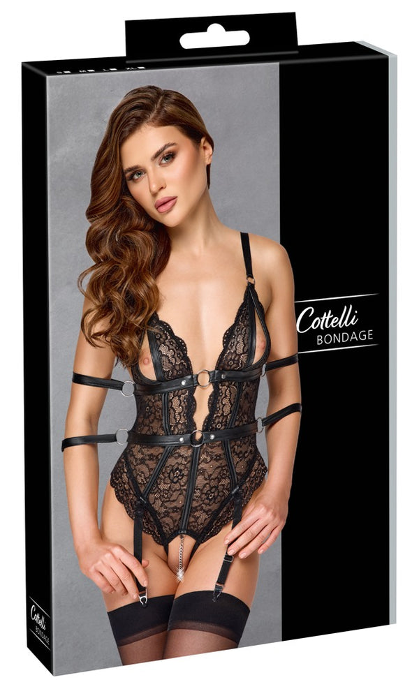 Schwarzer verführerischer Spitzen Body mit fesselnden Details von Cottelli BONDAGE