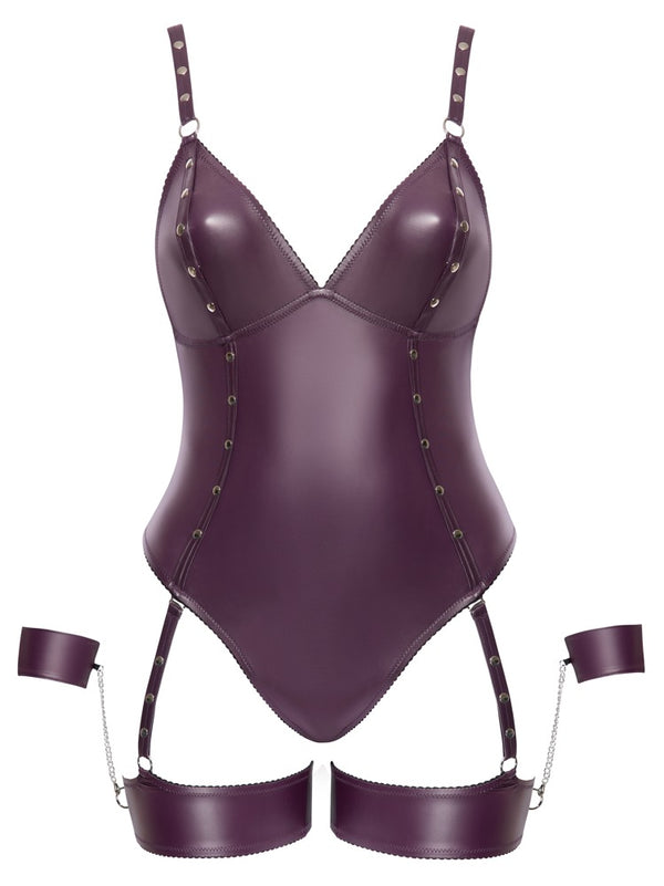 Dunkellila Stringbody im Mattlook mit abnehmbaren Bein- und Handfesseln von Cottelli BONDAGE – Ansicht 7