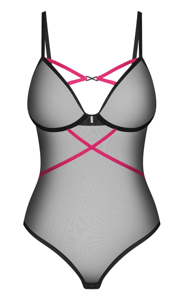 Schwarzer Stringbody Novenes aus Powernet mit pinken Riemchen von Obsessive – Ansicht 4