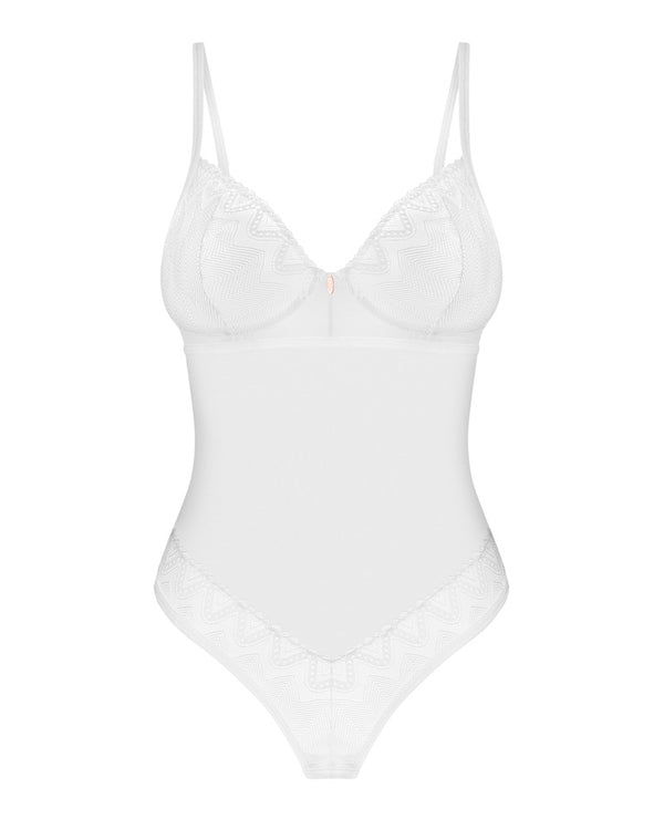 Weißer extravaganter Spitzen Body aus transparentem Tüll von Obsessive – Ansicht 5