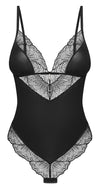 Schwarzer eleganter Spitzenbody mit seidigem Stretch und Schmuckdetail von Obsessive – Ansicht 7