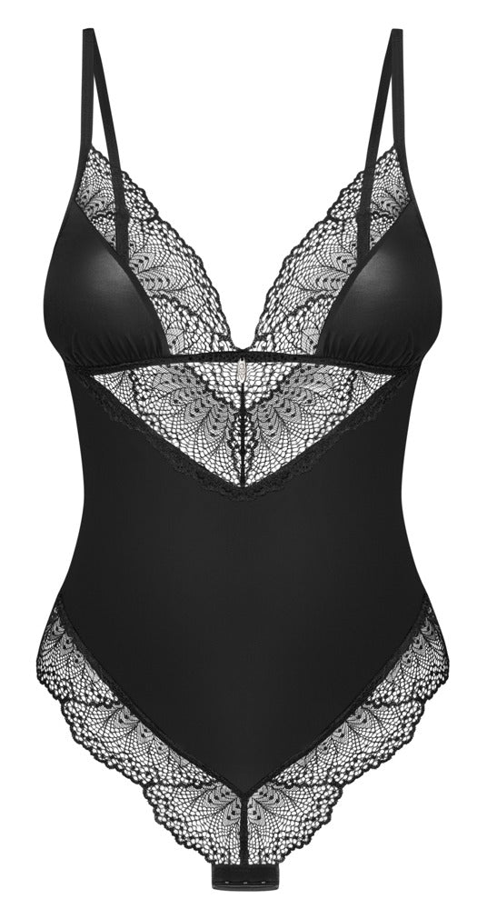 Schwarzer eleganter Spitzenbody mit seidigem Stretch und Schmuckdetail von Obsessive – Ansicht 7