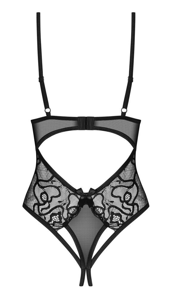 Schwarz-transparenter Ouvert-Body Blomentis aus Stretchtüll mit Spitze von Obsessive – Ansicht 8