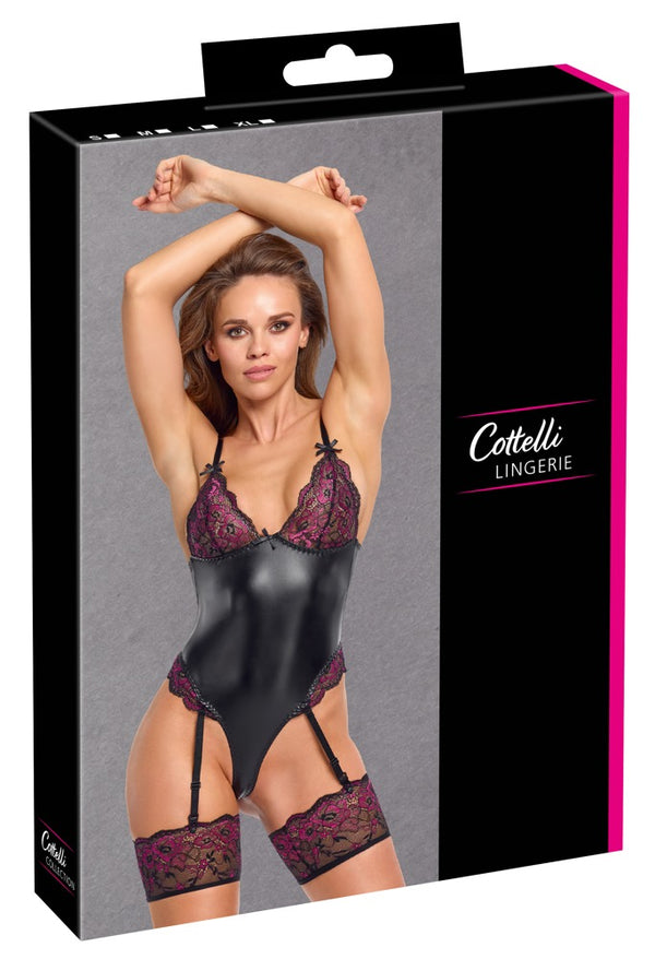 Schwarzer verführerischer Straps Body mit pinken Spitzenakzenten von Cottelli LINGERIE