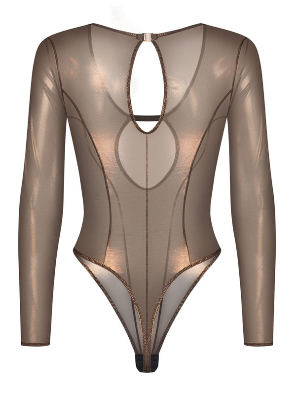Bronzefarbener Langarm-Body Soranna im Rio-Style mit Glow-Look von Obsessive – Ansicht 4