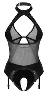 Schwarzer Straps-Body ouvert Dominna im Mix aus Netz und Wetlook von Obsessive – Ansicht 4
