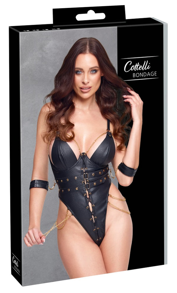 Schwarzer provokanter Body ouvert mit goldenen Ketten und Armfesseln von Cottelli BONDAGE