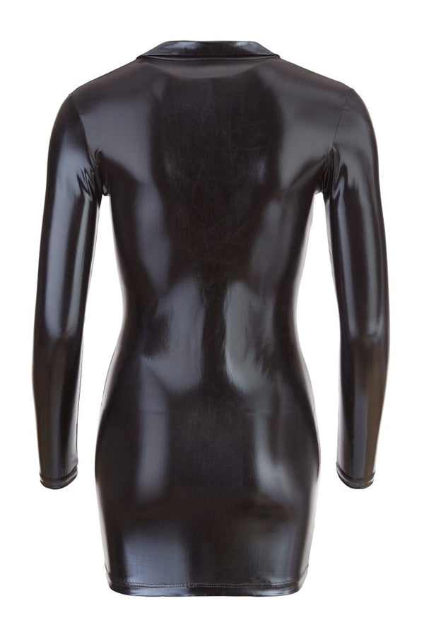 Schwarzes glänzendes Minikleid mit 2-Wege-Reißverschluss und langen Armen von Cottelli PARTY – Ansicht 7