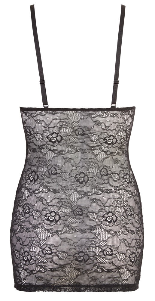 Schwarzes Kleid aus Blumenspitze mit rockigen Wetlook-Streifen von Cottelli – Ansicht 6