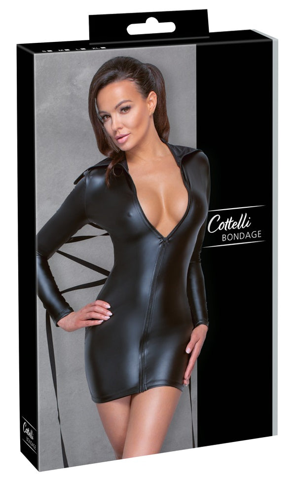 Schwarzes fesselndes Langarm-Minikleid im Mattlook mit hohem Kragen von Cottelli BONDAGE
