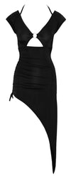 Schwarzes langes Kleid mit tiefem Dekolleté, Ring und asymmetrischem Rock von Cottelli PARTY – Ansicht 8