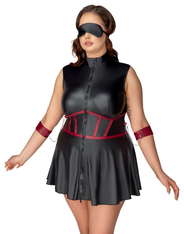 Schwarzes ärmelloses Minikleid mit Röckchen, Armfesseln und Maske in großen Größen von Cottelli BONDAGE – Ansicht 2
