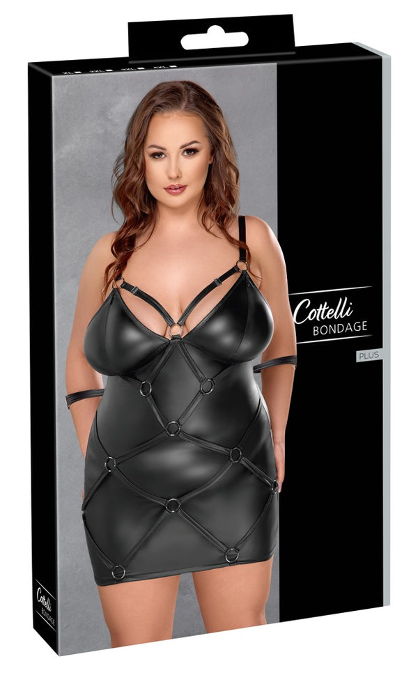 Schwarzes Minikleid mit zwei Handfesseln im Mattlook in großen Größen von Cottelli BONDAGE