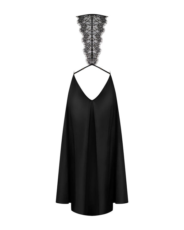 Schwarzes elegantes Kleid in Satin Optik mit feiner Spitze von Obsessive – Ansicht 4