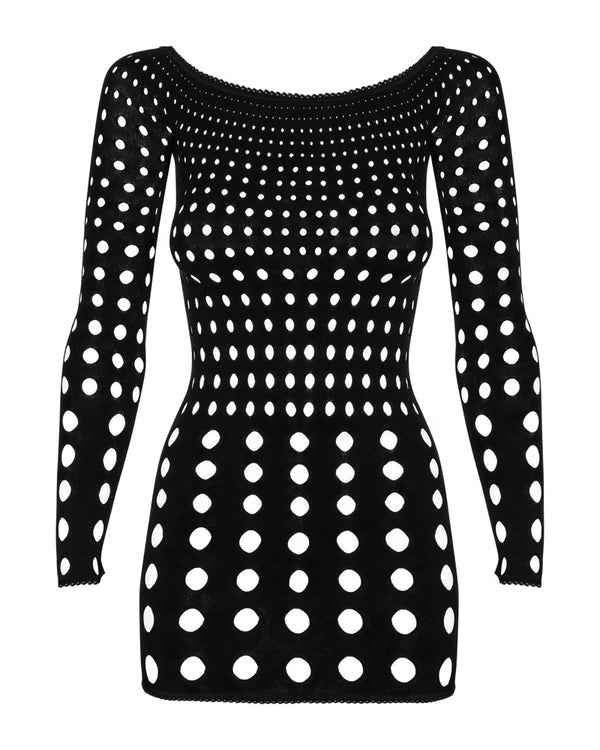 Schwarzes enges Minikleid Rocker mit Langarm in Loch-Optik von Obsessive – Ansicht 5
