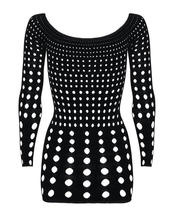 Schwarzes enges Minikleid Rocker mit Langarm in Loch-Optik von Obsessive – Ansicht 6