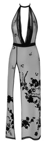 Langes transparentes Netzkleid mit Samtkragen und Beinschlitz von Noir Handmade – Ansicht 9