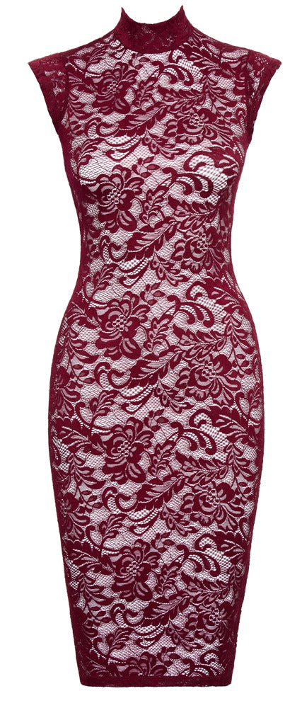 Burgundrotes verführerisches Spitzenkleid mit Stehkragen von Cottelli LINGERIE – Ansicht 5