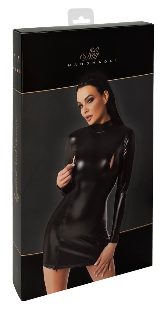 Schwarzes atemberaubendes Powerwetlook Minikleid mit langen Zwei Wege Reißverschlüssen von Noir