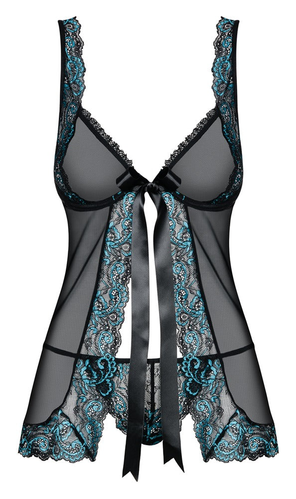 Transparentes Babydoll Amanta mit Spitze, offener Front und String von Obsessive – Ansicht 5