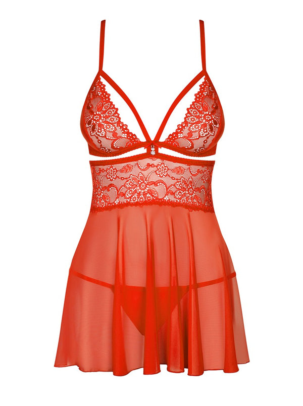 Rotes busenbetonendes Babydoll mit überkreuzten Trägern und Spitze von Obsessive – Ansicht 5