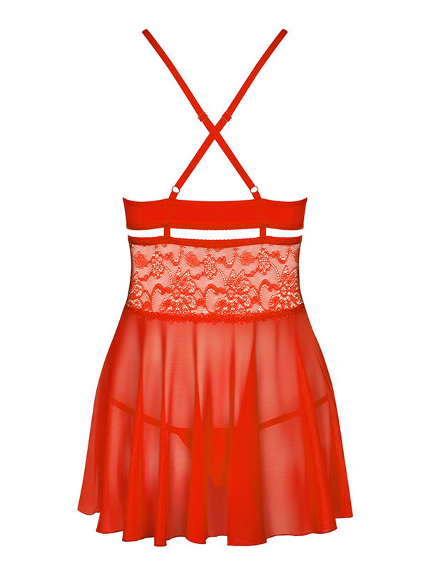 Rotes busenbetonendes Babydoll mit überkreuzten Trägern und Spitze von Obsessive – Ansicht 6