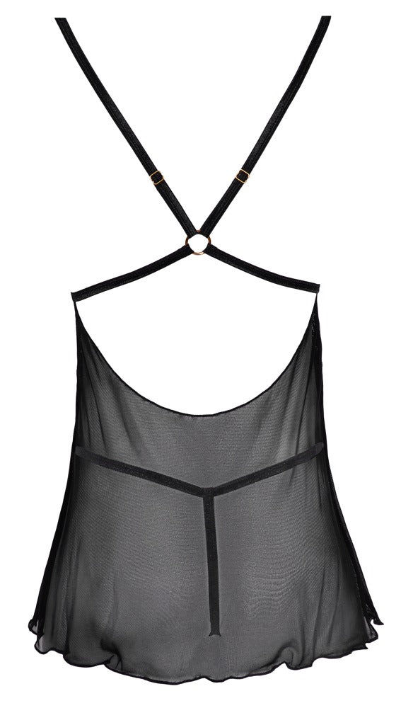 Schwarzes kurzes Babydoll aus Powernet mit Spitzen-Cups und Goldring von Cottelli – Ansicht 6