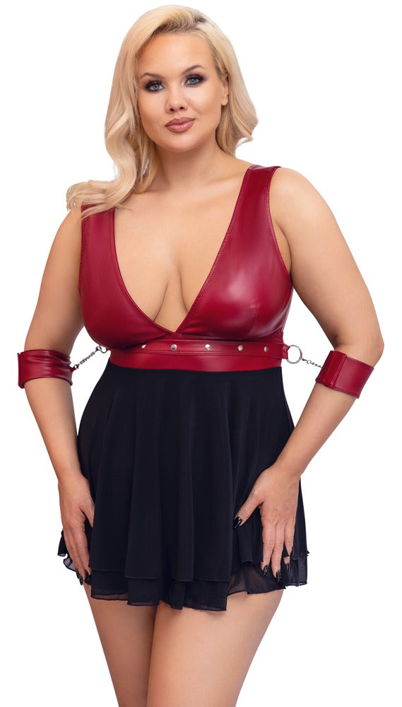 Rotes Babydoll aus Mattlook und Powernet mit Bondage-Note in großen Größen von Cottelli BONDAGE – Ansicht 3