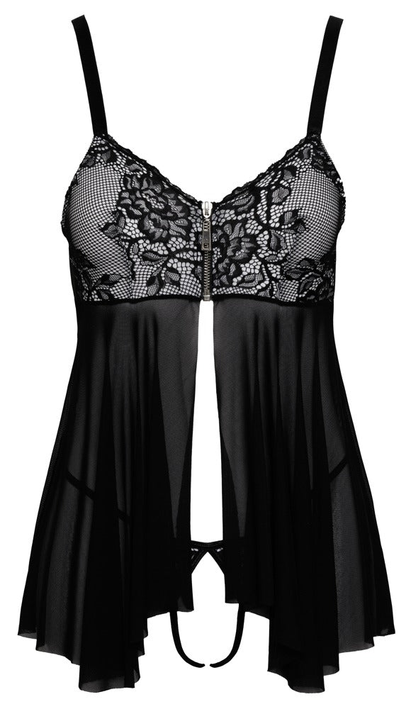 Schwarzes Babydoll-Set aus Powernet mit Reißverschluss und Spitzen-Cups (Ouvert) von Cottelli – Ansicht 8