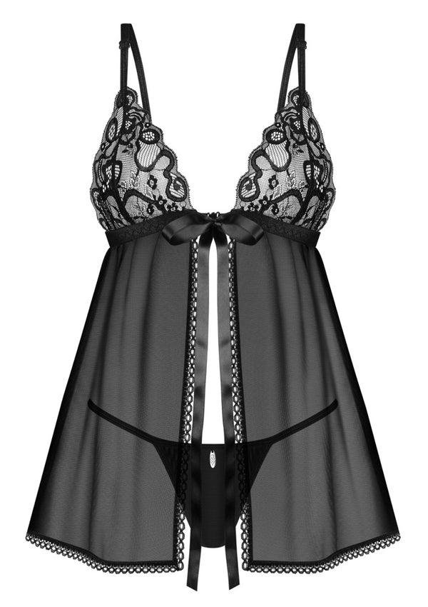 Schwarz-transparentes Set Blomentis mit extrakurzem Babydoll und String von Obsessive – Ansicht 5
