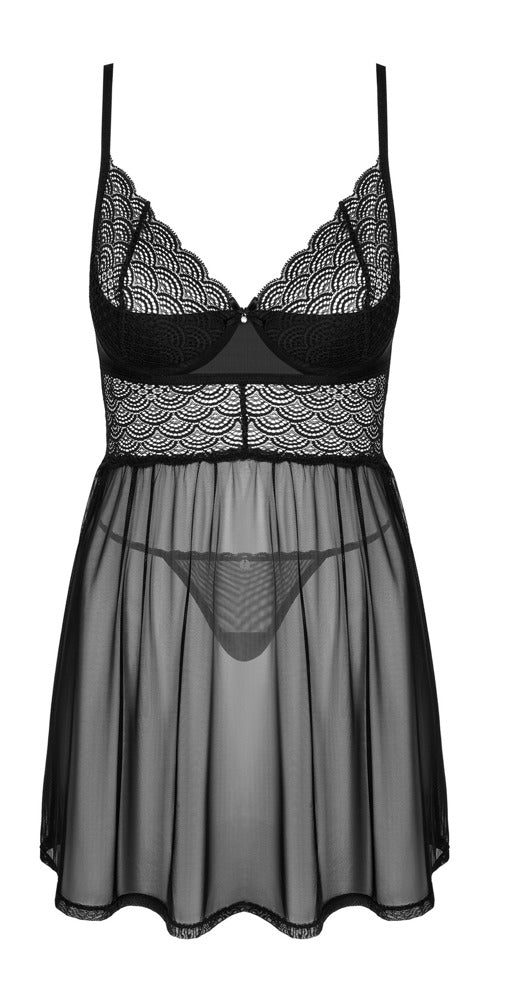 Schwarzes hauchzartes transparentes Babydoll mit Spitzen Cups von Obsessive – Ansicht 4