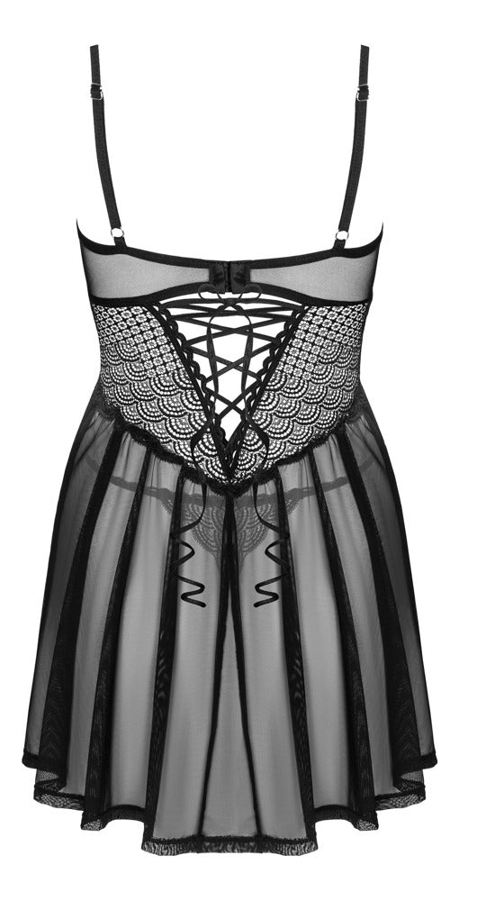 Schwarzes hauchzartes transparentes Babydoll mit Spitzen Cups von Obsessive – Ansicht 5