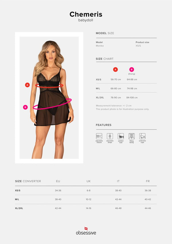 Schwarzes hauchzartes transparentes Babydoll mit Spitzen Cups von Obsessive – Ansicht 3