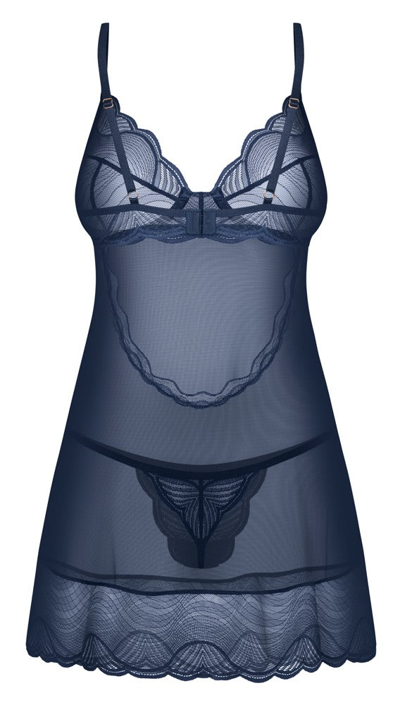 Set Nightly Blue mit kurzem Negligé und String in noblem Blau von Obsessive – Ansicht 4