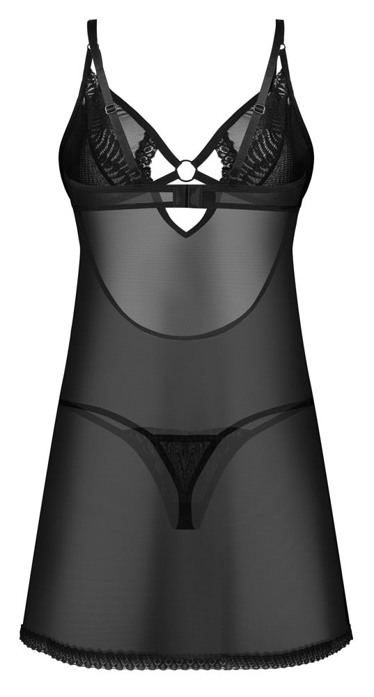 Schwarzes Set Alliane mit leicht ausgestelltem Negligé und String von Obsessive – Ansicht 6