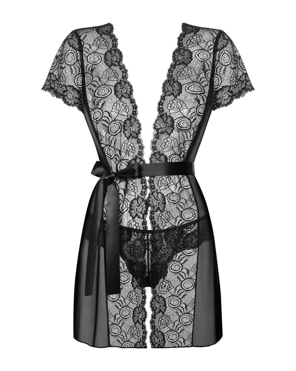 Schwarzes Set Alluria mit kurzem Kimono und String aus Tüll von Obsessive – Ansicht 5