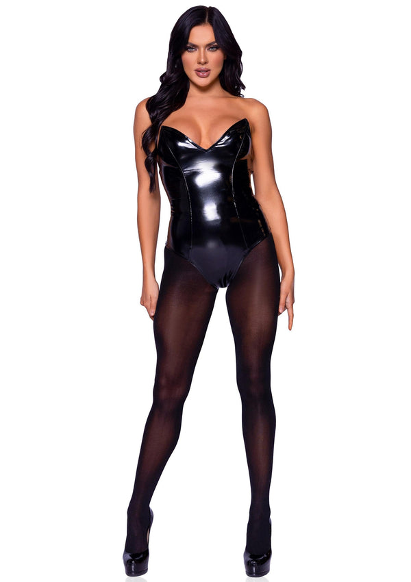 Schwarzer aufreizender Vinyl Bodysuit mit markanten Fledermausflügeln von Leg Avenue – Ansicht 4