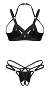Schwarzes Ouvert-Set Keira Lise mit busenfreiem Hebe-BH und String im Lack-Style von Obsessive – Ansicht 8