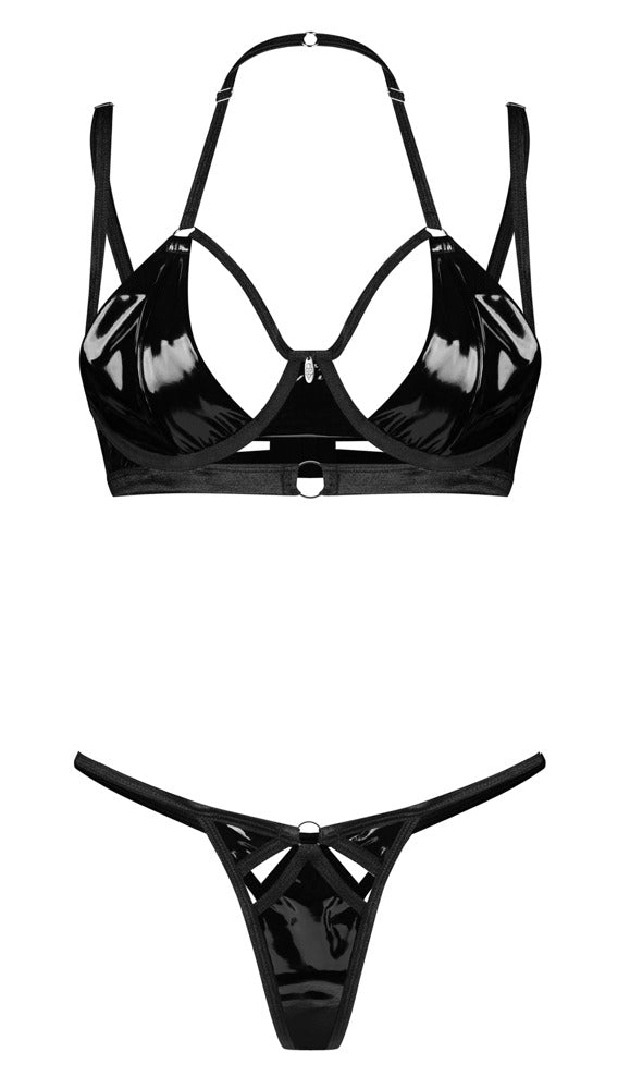 Schwarzes Lack-Set Keira Lise mit BH und String und silberfarbenen Ringen von Obsessive – Ansicht 3