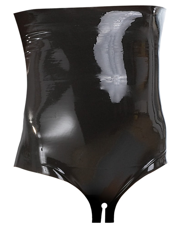 Schwarzer hoch geschnittener Latex-Slip mit Schritt-Schlitz von Late X – Ansicht 5