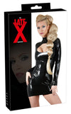 Schwarzes ultrakurzes Latex-Minikleid mit Guckloch und Stehkragen von Late X