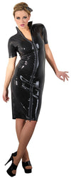 Schwarzes Latex-Kleid in Midi-Länge mit Stehkragen und 2-Wege-Reißverschluss von Late X – Ansicht 2