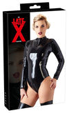 Schwarzer hochglänzender Latex-Langarm-Body mit zwei Reißverschlüssen von Late X