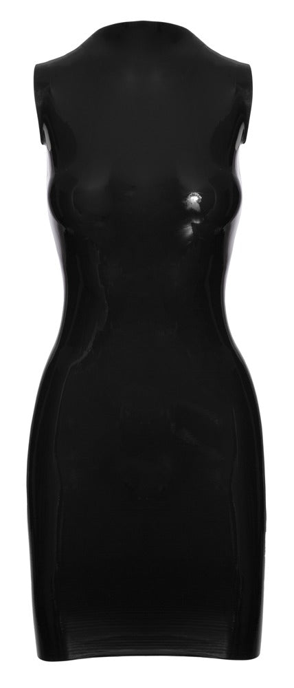 Schwarzes ärmelloses Latex-Minikleid mit Stehkragen und Rücken-Reißverschluss von Late X – Ansicht 6