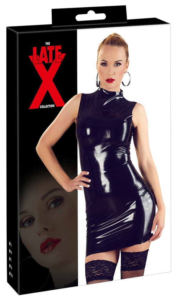 Schwarzes ärmelloses Latex-Minikleid mit Stehkragen und Rücken-Reißverschluss von Late X