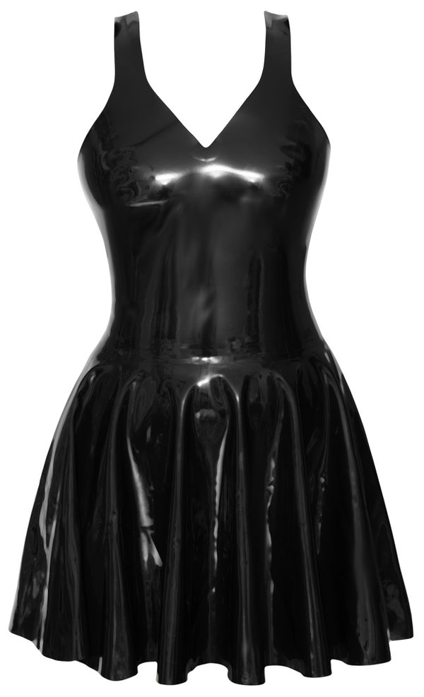 Schwarzes tailliertes Latex-Minikleid mit schmalen Trägern und Swing-Rock von Late X – Ansicht 7